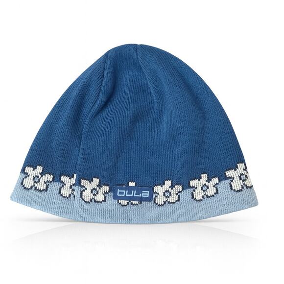 BULA Fall Winter Blue Knit Retro Flower Beanie Hat - Picture 1 of 1